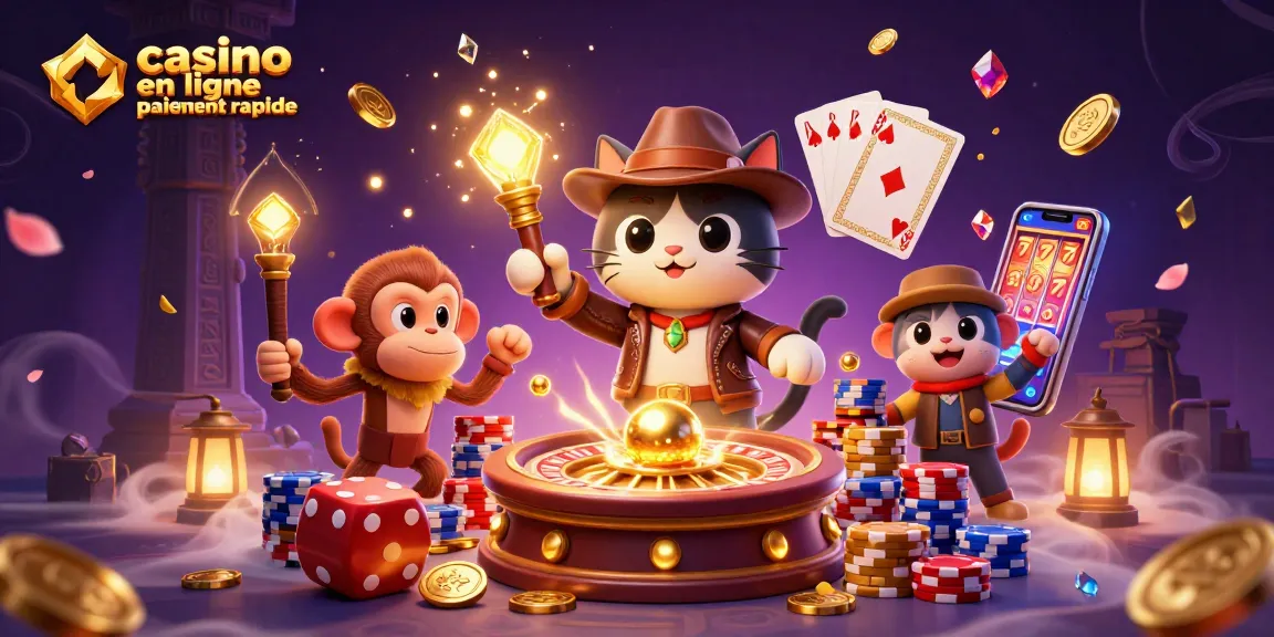 Visuel captivant représentant le casino en ligne paiement rapide avec des personnages explorateurs dans un temple magique.