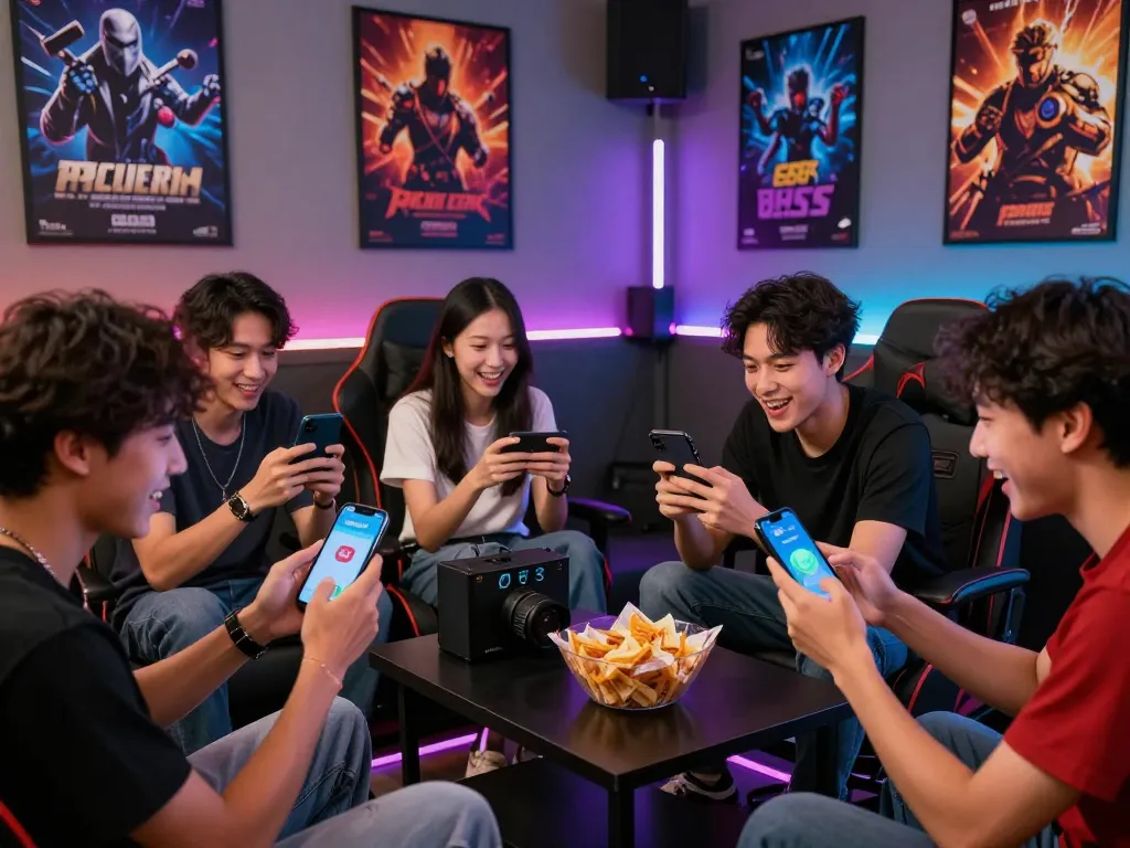 Friends experiencing the excitement of tải go88 in a vibrant gaming lounge, showcasing smartphones and lively decor.