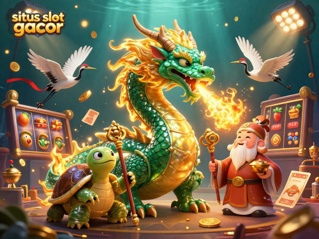 Engage with situs slot gacor in this vibrant casino scene featuring a jade dragon and lucky elements.