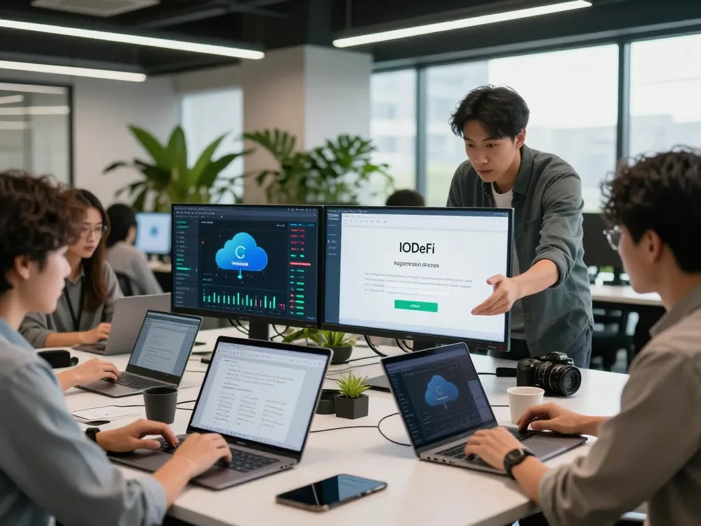 IODeFi registration process displayed on digital screens in a modern collaborative workspace.