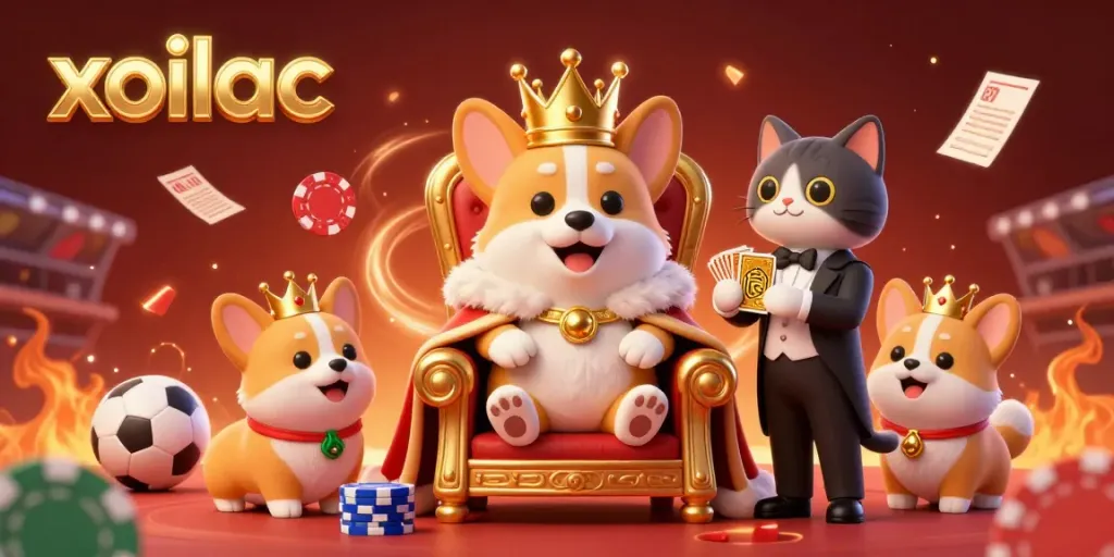 Experience live soccer betting with Xoilac's engaging 3D scene featuring corgi royalty and vibrant sports elements.