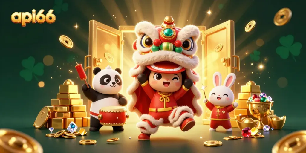 Join the excitement of api66 with a vibrant scene of festive characters and dazzling treasures.