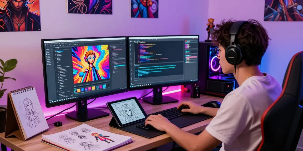 NSFW AI workspace showcasing a developer using an image generator, vibrant artworks, and coding tools in a creative setting.