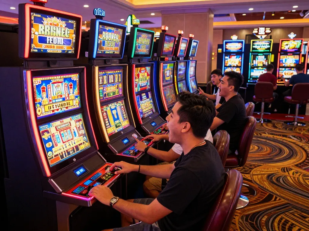 Players engaging with vibrant slot gacor machines, showcasing excitement and winning potential.