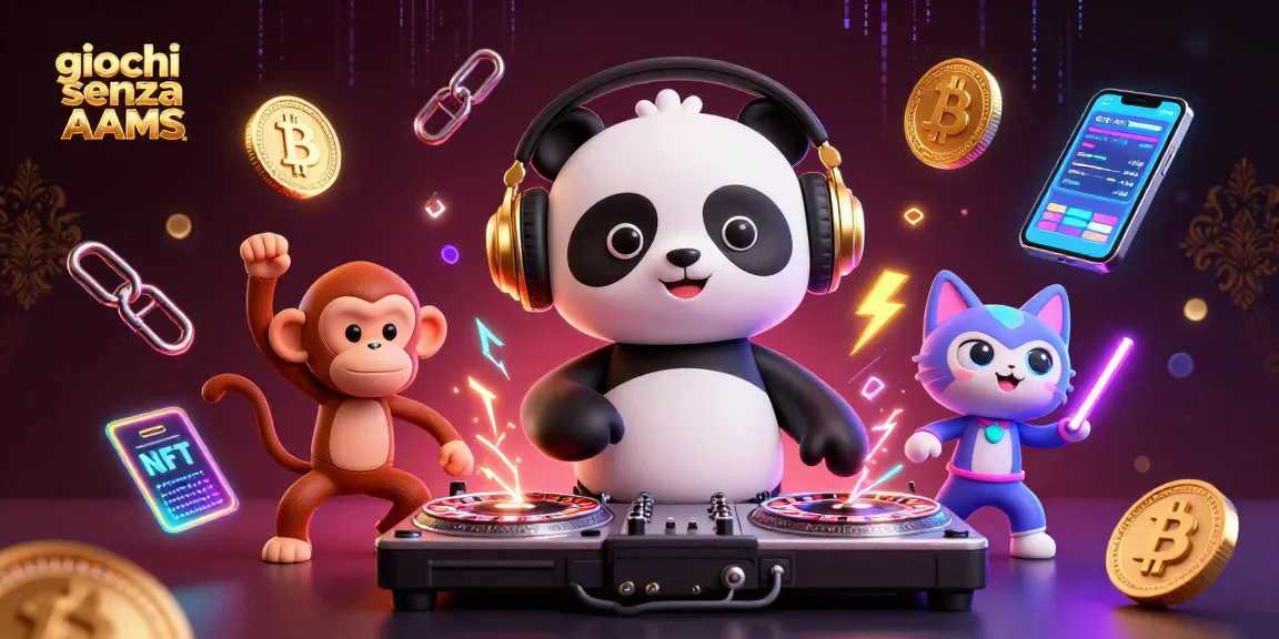 Coinvolgente scena 3D di un panda DJ che gira ruote della roulette tra elementi cripto, celebrando giochi senza AAMS.