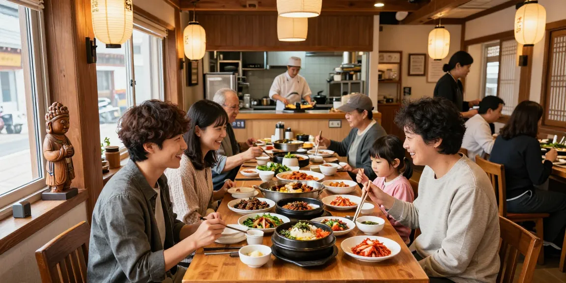 Dining at 상봉동 한국관 with family enjoying traditional Korean cuisine in a warm, inviting restaurant setting.