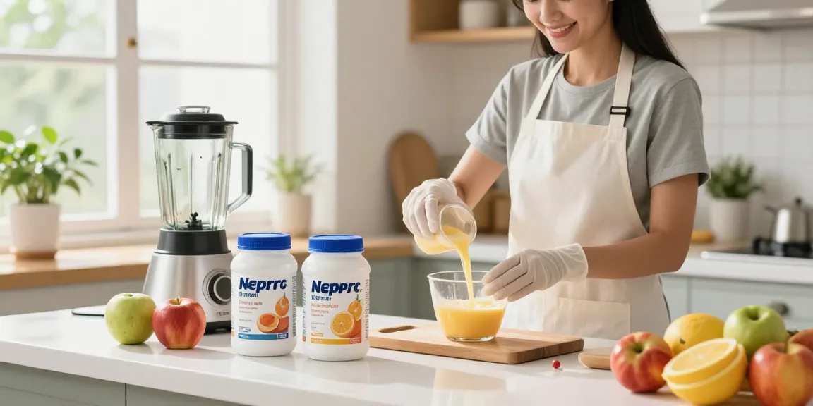Preparing Nepro HP nutritional drinks for patients in a health-focused kitchen.