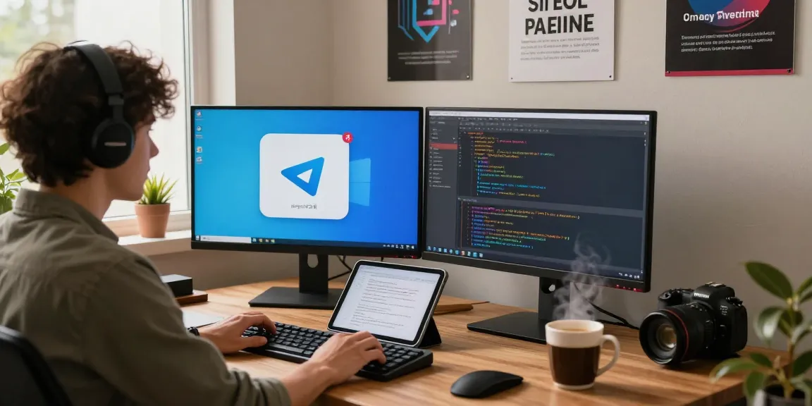 Workspace showing a developer coding telegram中文版 on dual monitors, highlighting productivity and innovation.