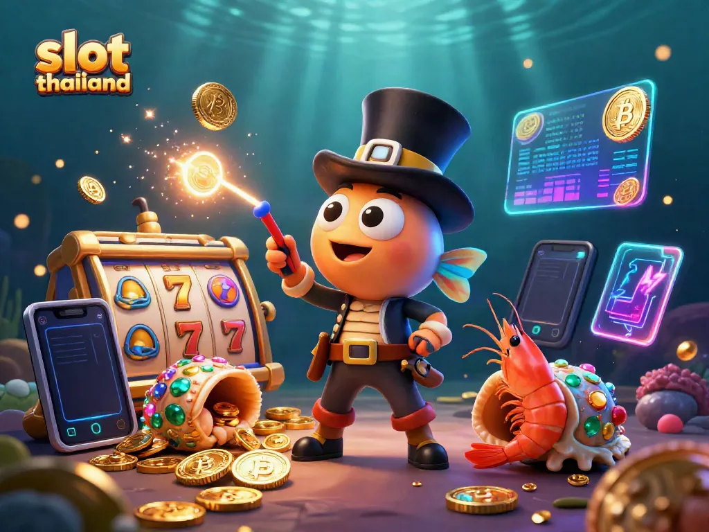 Experience the excitement of slot thailand with vibrant sea creatures and colorful coins in this dynamic underwater scene.