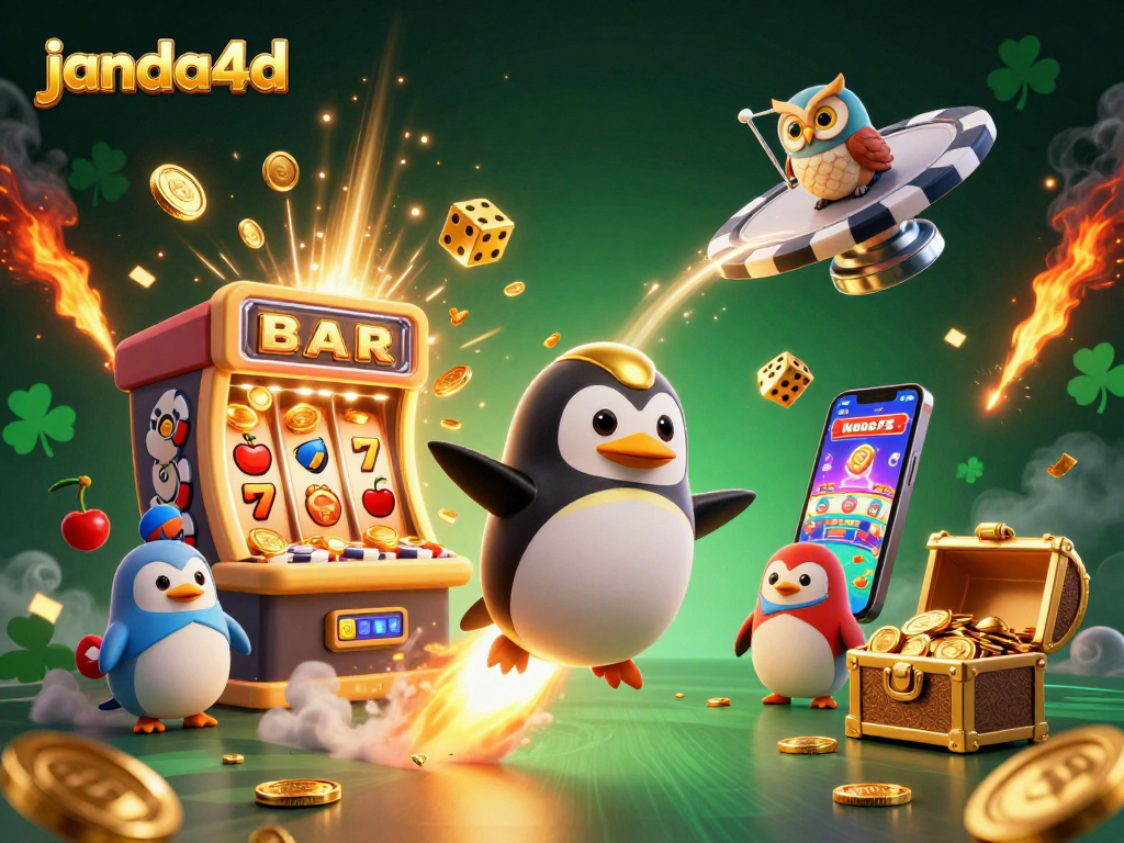 janda4d presents an electrifying 3D scene featuring a golden penguin and slot machine in lively casino action