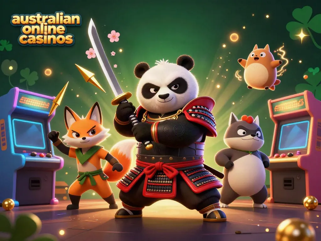 Fierce samurai panda showcases australian online casinos in an action-packed scene with magical companions.