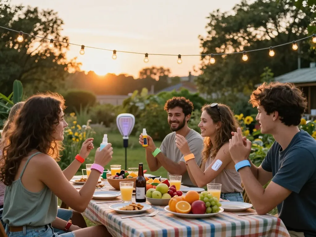 Friends enjoying a backyard picnic while using mosquito repellent for effective protection.