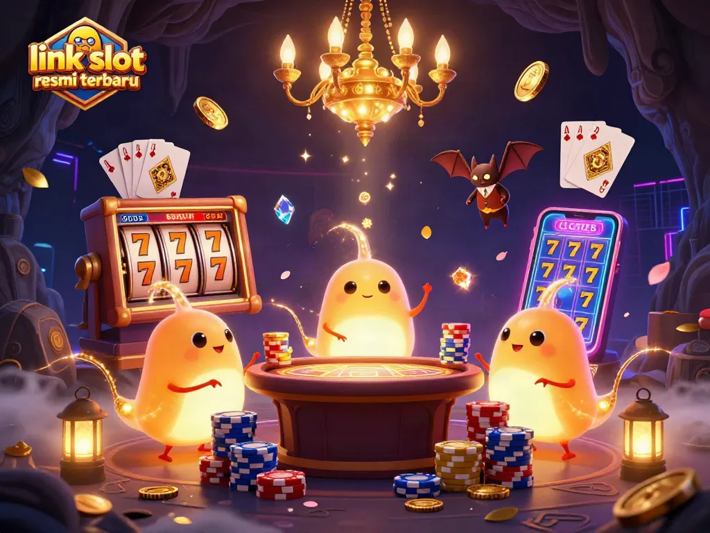 Menghadirkan link slot resmi terbaru di ilustrasi kasino gua, dengan makhluk bercahaya dan permainan slot yang menggairahkan.