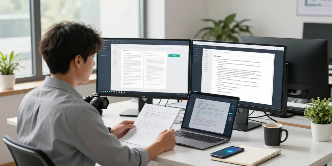 Detect fake pdf analysis in a modern office setup with AI verification software on-screen.