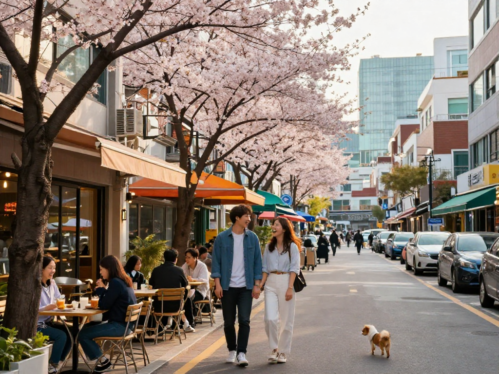 강남 달토의 봄 풍경, 벚꽃 아래 카페에서 행복한 커플과 따뜻한 분위기.