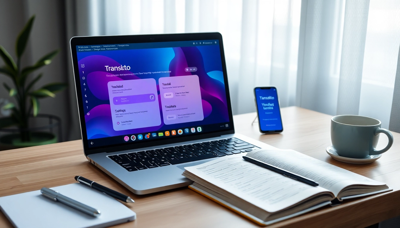 Youdao translation interface on a sleek laptop in a modern workspace, showcasing language learning tools.