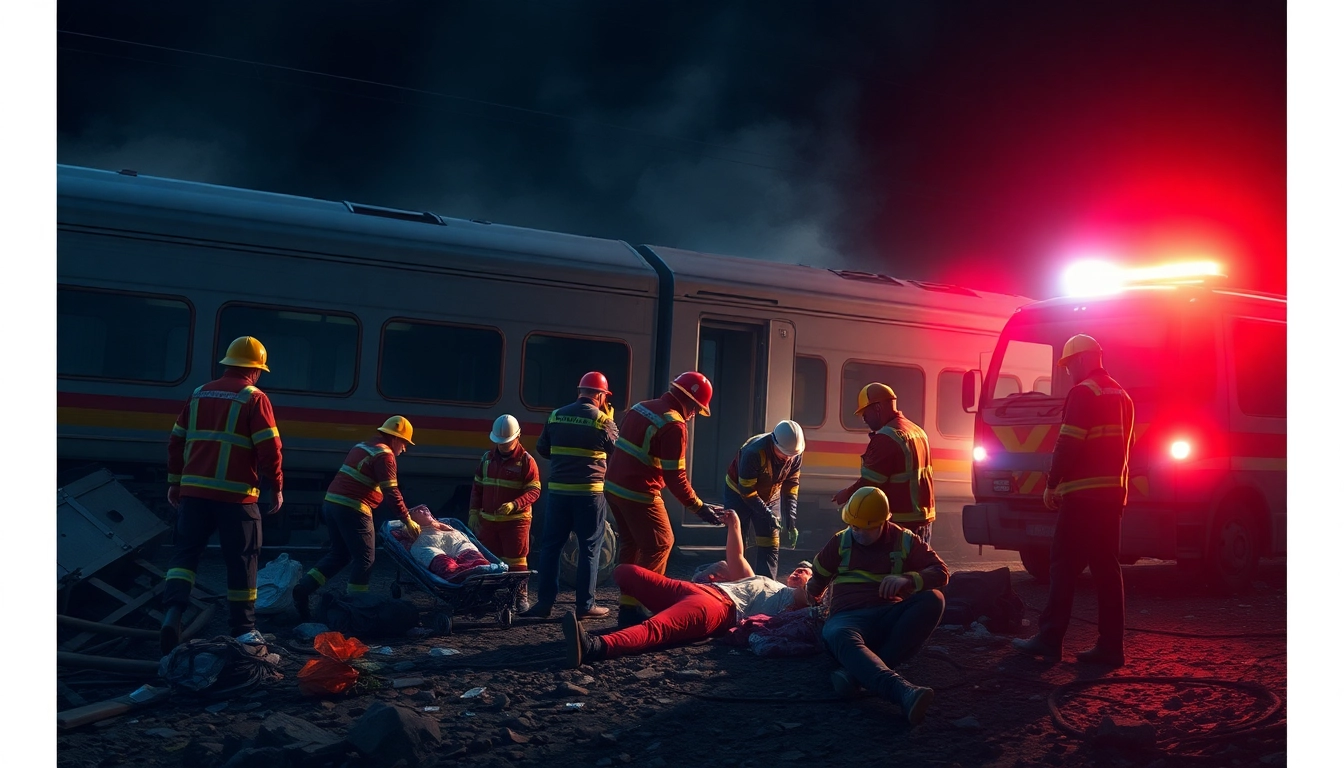 Rescuers responding to a spain train crash, depicting urgency and chaos in the scene.