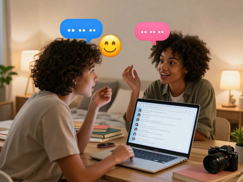 Couple enjoying sex AI chat on cozy computer with playful emojis