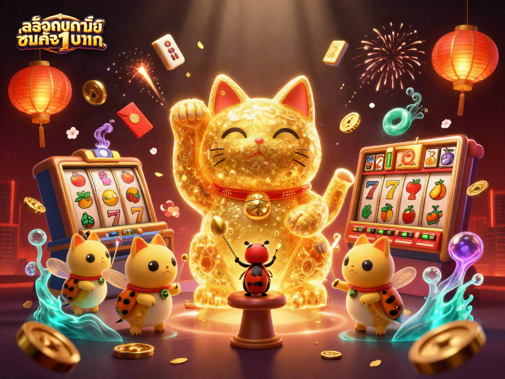 Engage in thrilling gaming with สล็อตฝากขั้นต่ำ1บาท as a giant lucky cat filled with casino symbols waves cheerfully.