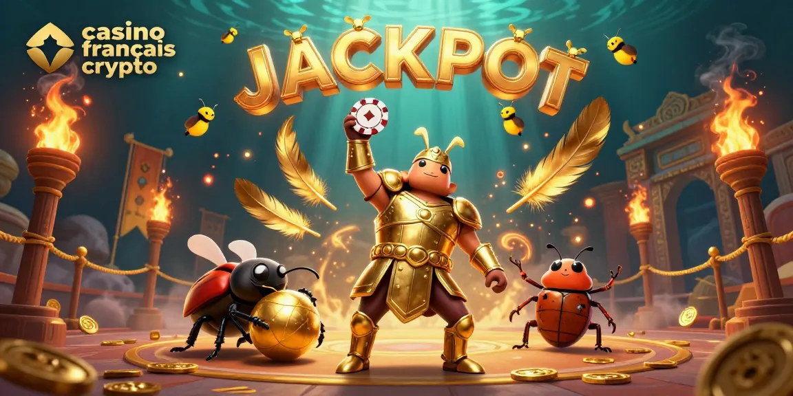 Jouez au casino français crypto avec un scarabée en armure d'or levant un jeton de poker.