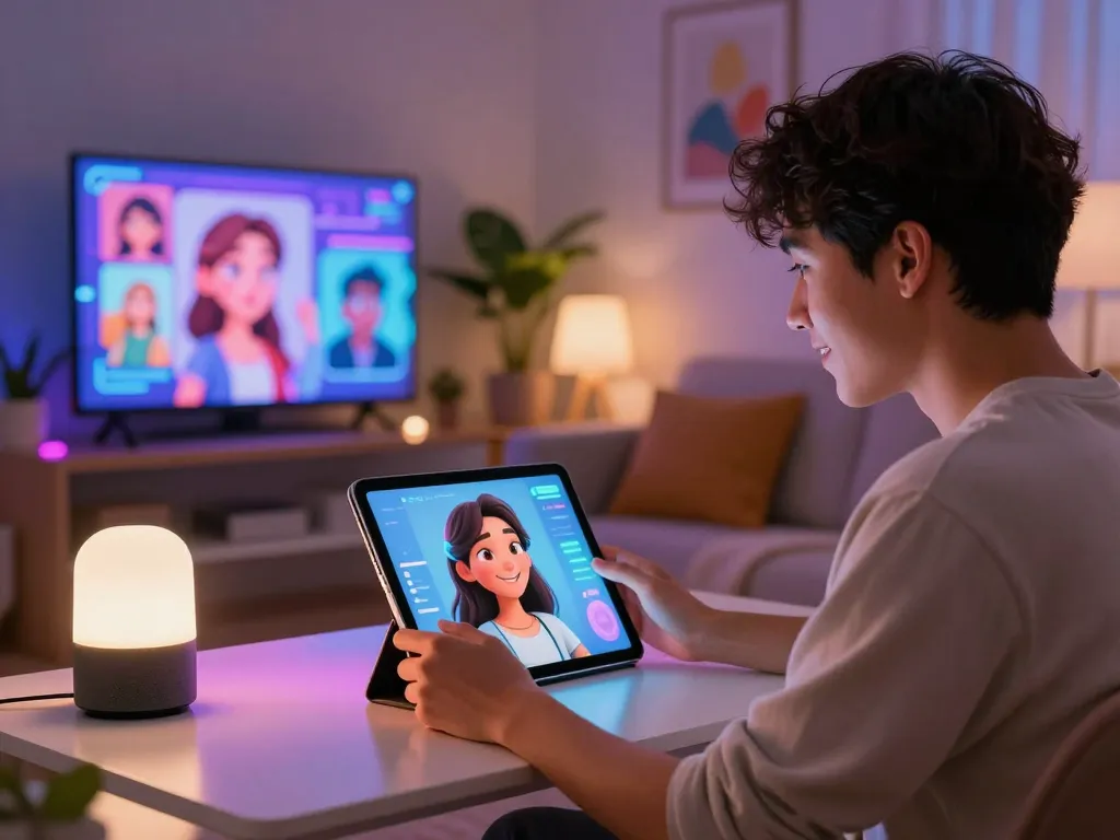 Engaging interaction with AI girlfriend on a tablet, showcasing modern tech and personal connection.
