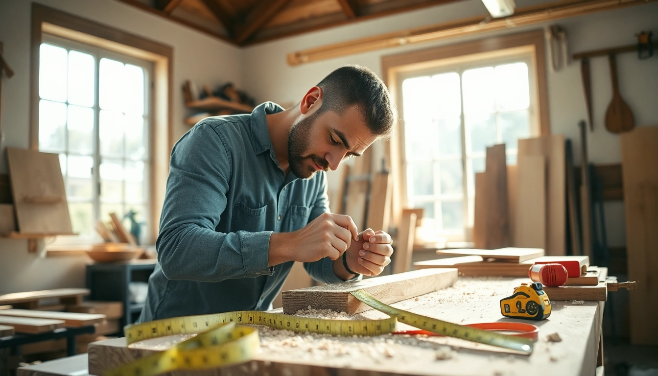 Skilled carpenter engaged in carpentry apprenticeship at a workshop, showcasing craftsmanship.
