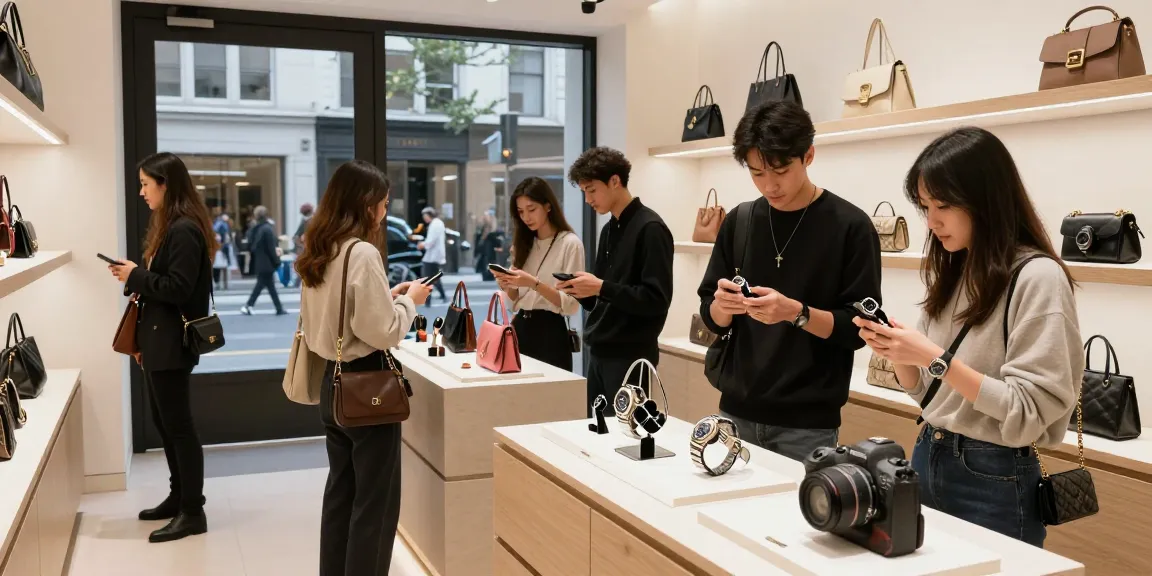 Luxury replica handbags and watches on display in a stylish urban shop, showcasing quality 레플리카 products in a vibrant shopping atmosphere.