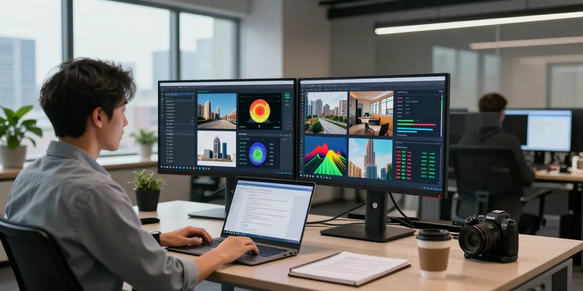 AI detector demonstration with data scientist analyzing images in modern office.
