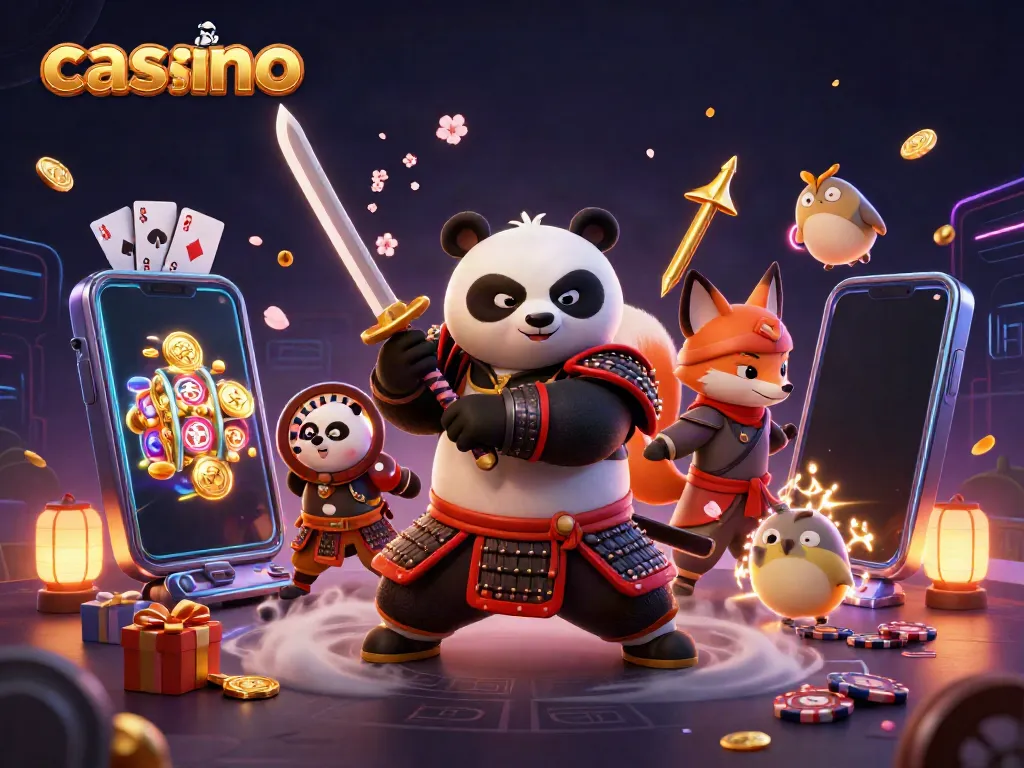 Experience thrilling casino action with a samurai panda and ninja fox amidst vibrant slot games and golden coins.
