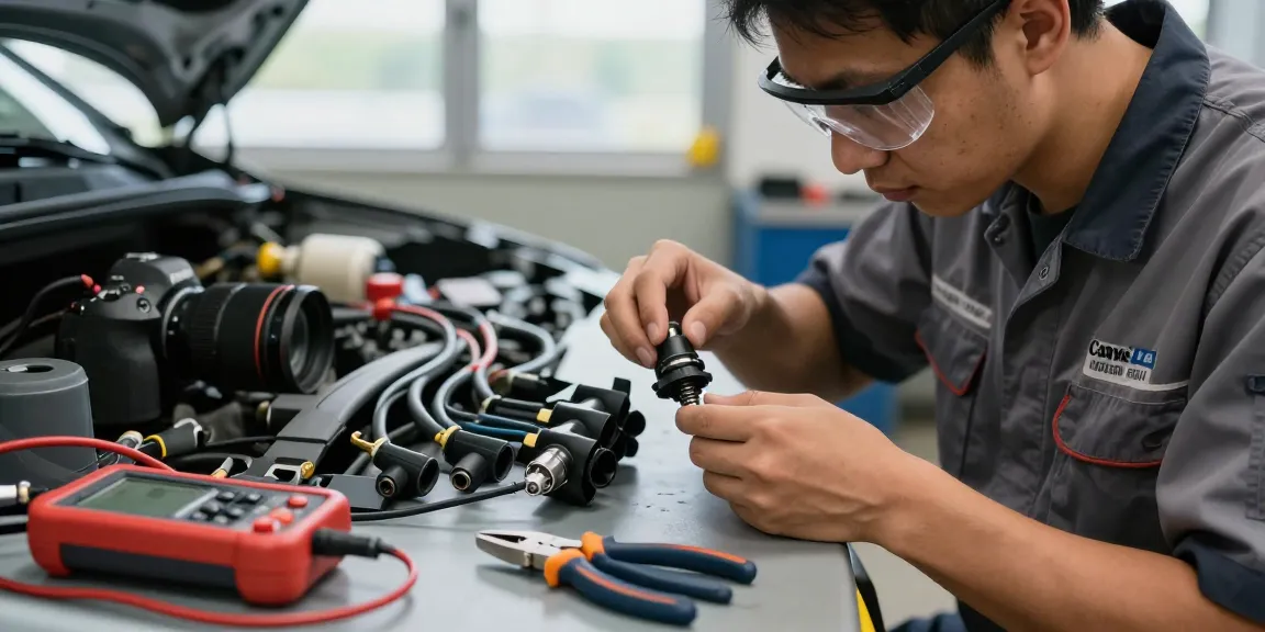 Technician inspecting heavy duty waterproof electrical connectors in automotive workshop.