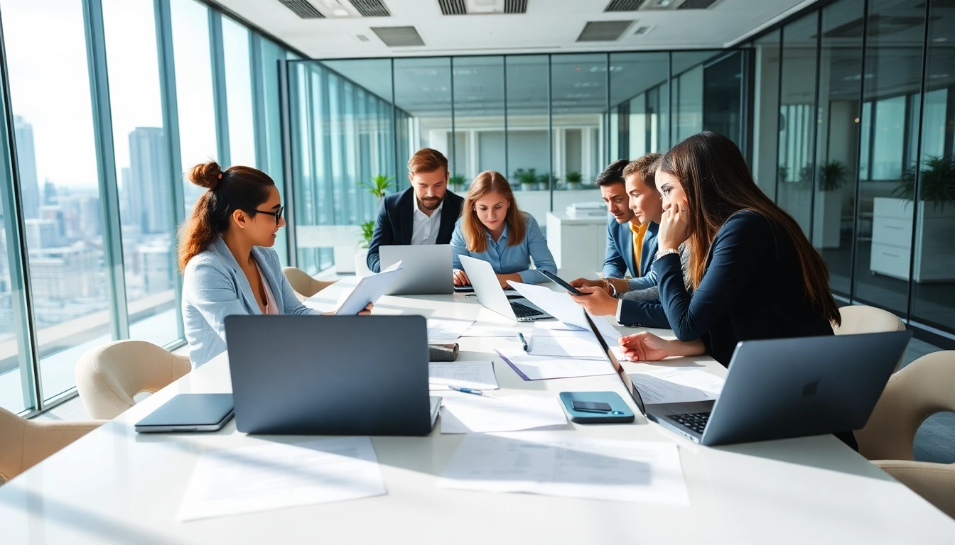 Team collaborating on Contract Management documents in a modern office setting.
