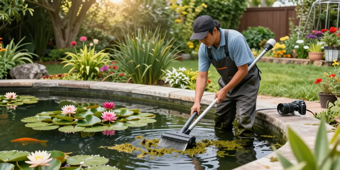 Professional pond cleaning Surrey featuring a cleaner removing debris from a lush garden pond.