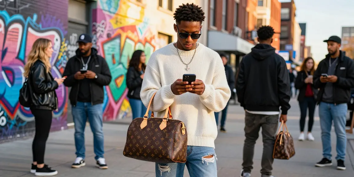 Stylish individual showcasing a 명품 레플리카 handbag in a vibrant urban fashion scene with trendy outfits.