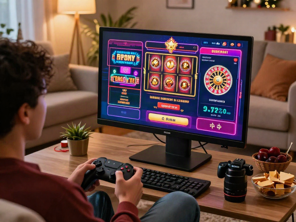 Engaging online casino experience with games like slots and blackjack on screen while gaming at home.