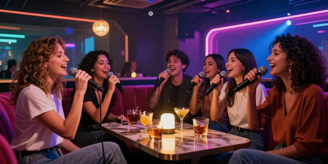Enjoying 제주유흥 karaoke with friends at a lively bar, featuring drinks and neon lights.