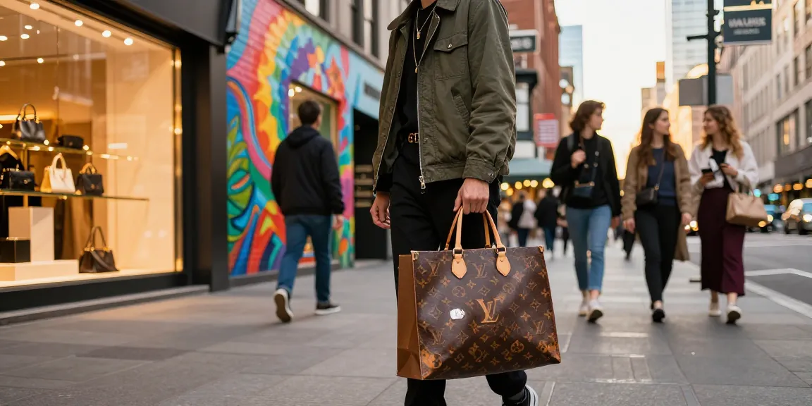 Engaging street scene of a fashionable shopper at a 레플리카 쇼핑몰, showcasing luxury items in an urban setting.