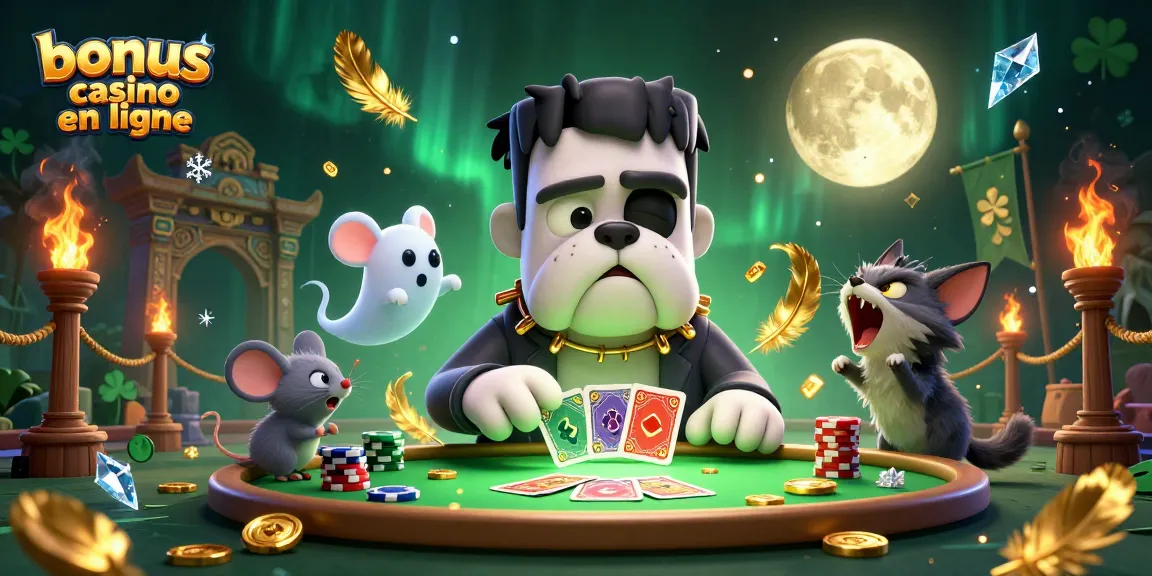 Connaître le bonus casino en ligne avec un chien monstre et une ambiance ludique, jouant aux cartes.