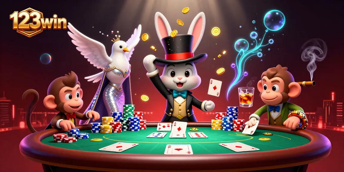Experience thrilling gameplay at 123win with a lively 3D scene featuring a magician rabbit and poker action.