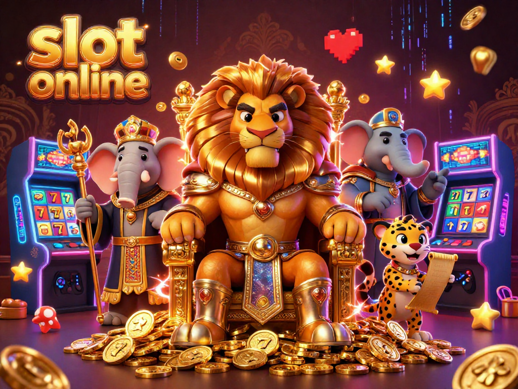 Engage with slot online gaming through this vibrant illustration featuring a lion king and energetic elements.