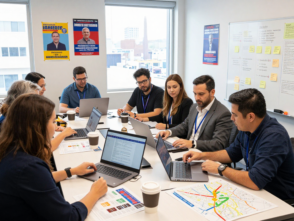 Strategic campaign direct mail planning in an active political office with team collaboration.