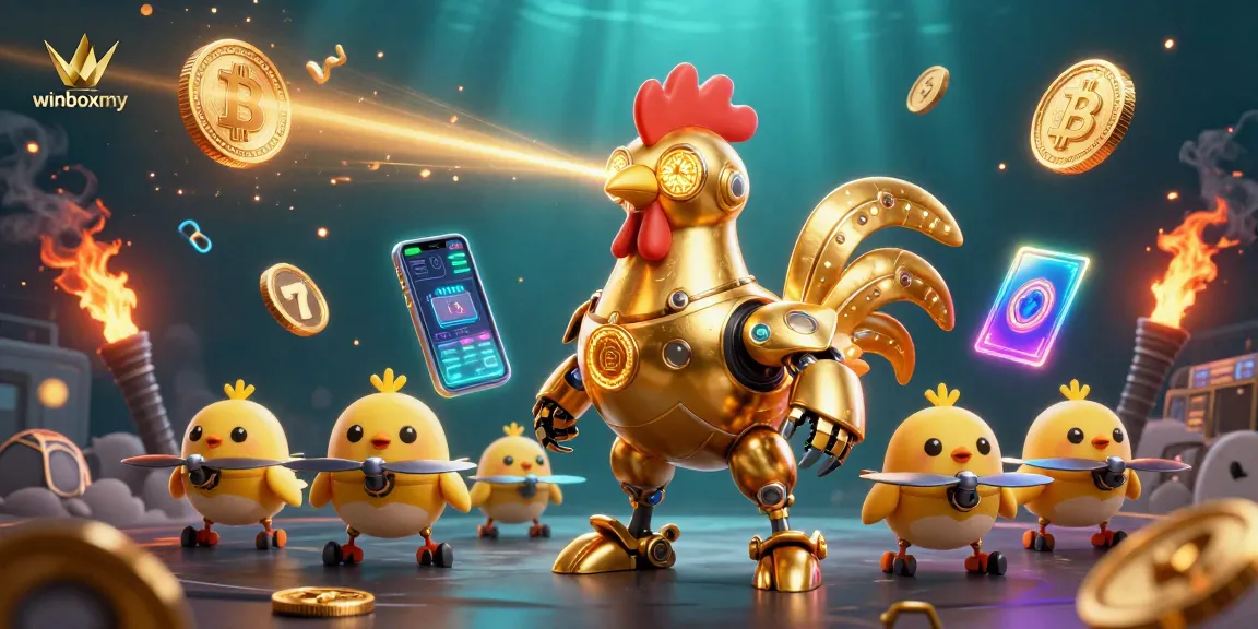Experience the excitement of winboxmy with dynamic 3D golden rooster robot in a vibrant casino atmosphere.