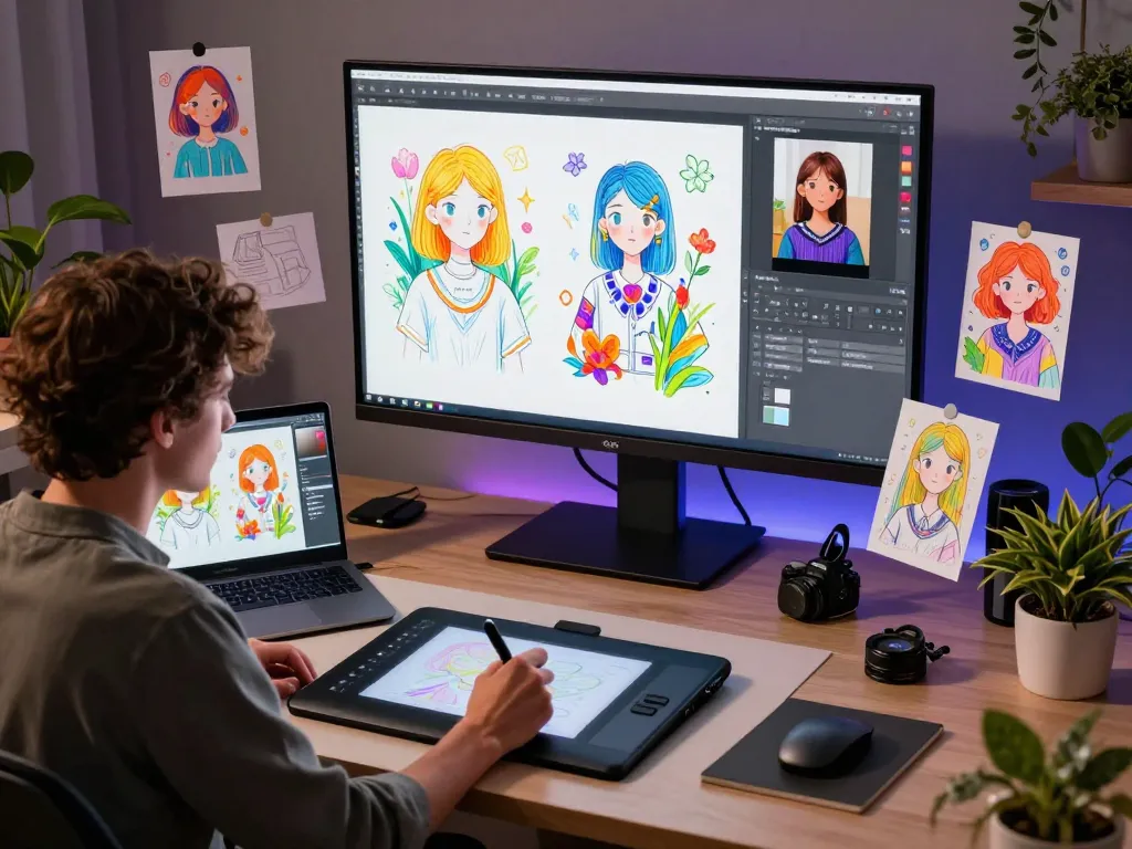 Creative digital artist using the Nano Banana Pro AI image editor in a vibrant workspace filled with AI-generated art.