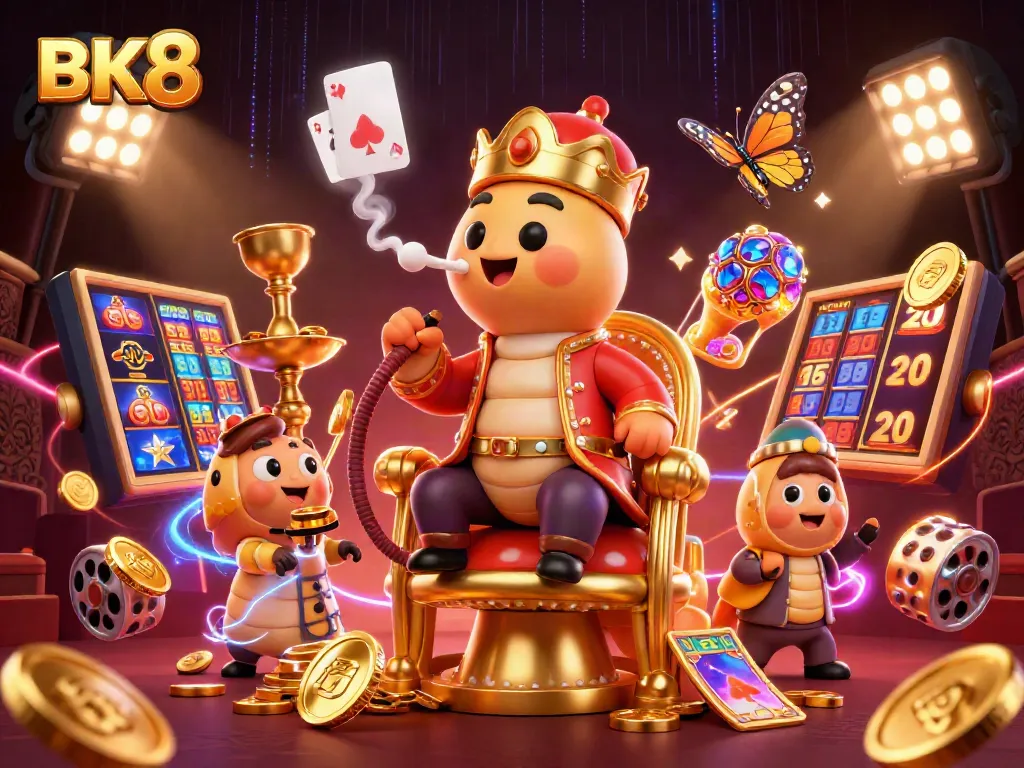 Experience thrilling casino action with BK8's vibrant 3D illustration of a hookah-master and jackpot symbols.