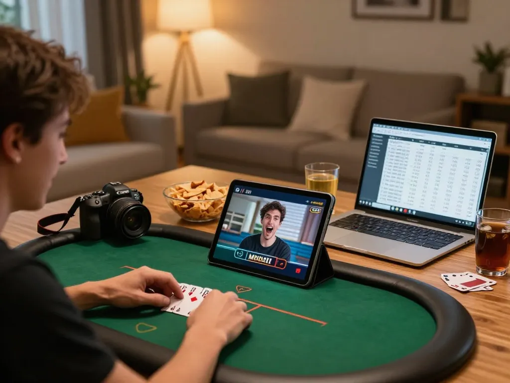 Player enjoying online poker at 100cuci with tablet in a cozy home setting.