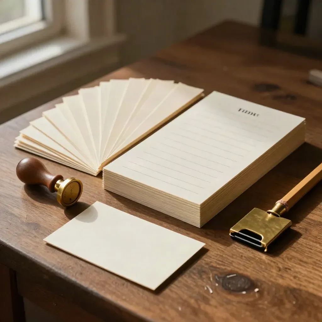 Overhead brand-messaging still life with cards, wax seal, brass opener and warm paper textures.