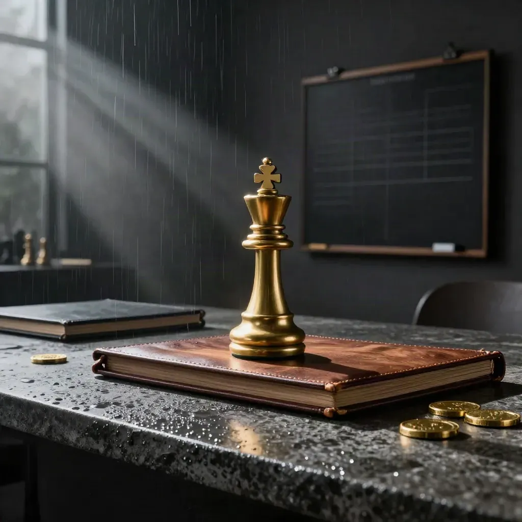 Brass chess king and strategy tools in a moody loft after rain, lit by a soft beam.