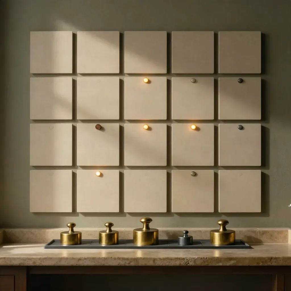 Magnetic goal tiles, amber signal lights, and brass weights on a moody planning wall.