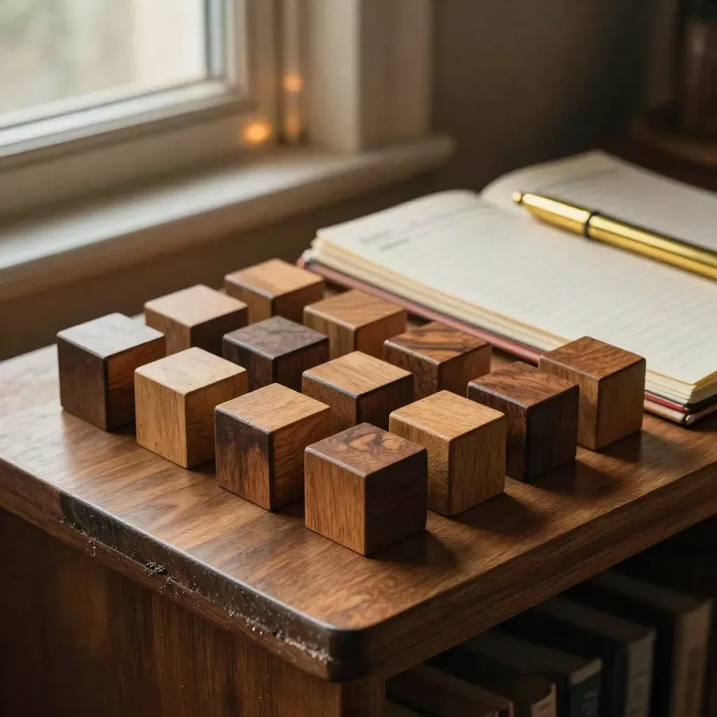 Wooden task cubes, brass markers, and a closed logbook on a warm shelf in soft window light.