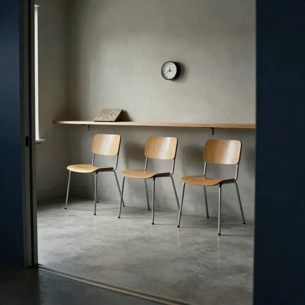 Empty interview room with three chairs, a closed portfolio and a clock on a shelf.
