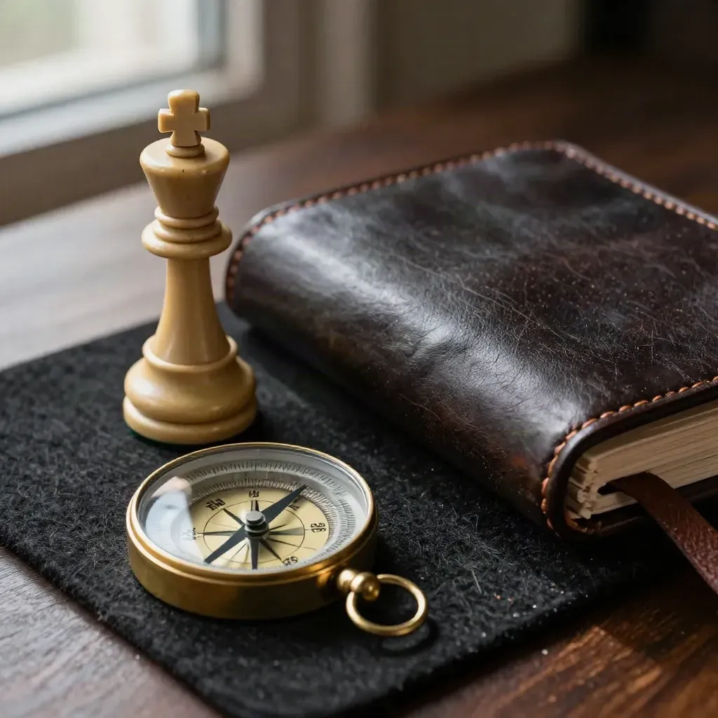 Brass compass, worn chess king, and leather clasp on black felt, lit in soft macro light.